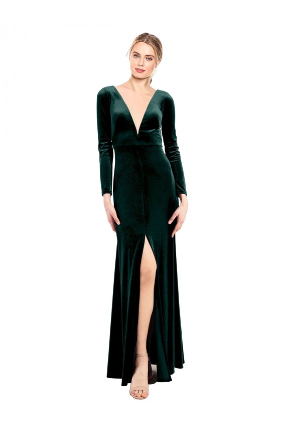 Best Plunging V-Neckline Long Sleeves Open Back Velvet Bridesmaid Dress / Prom Dress Sydney