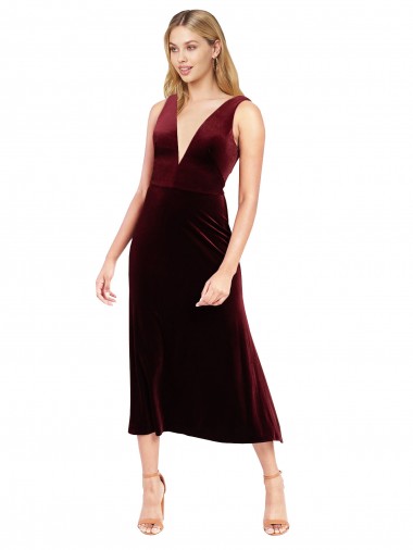 Best Daring Plunging V-Neckline Short Midi Cocktail Length Velvet Bridesmaid Dress / Prom Dress Sydney