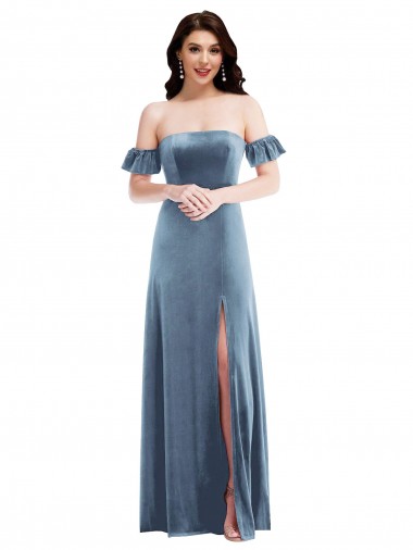Best Ruffle Sleeve Off the Shoulder Velvet Maxi Bridesmaid Dress / Prom Dress Sydney