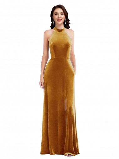 Best High-Neck Halter Velvet Maxi Bridesmaid Dress / Prom Dress with Front Slit Sydney