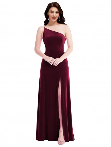 Best One Shoulder Spaghetti Strap Velvet Maxi Bridesmaid Dress / Prom Dress with Pockets Sydney