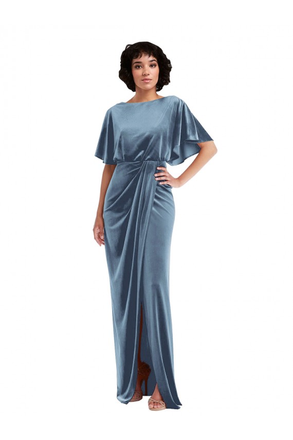 Best Flutter Sleeve Open Back Velvet Maxi Bridesmaid Dress / Prom Dress with Draped Wrap Skirt Sydney
