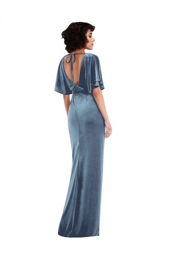 Best Flutter Sleeve Open Back Velvet Maxi Bridesmaid Dress / Prom Dress with Draped Wrap Skirt Sydney