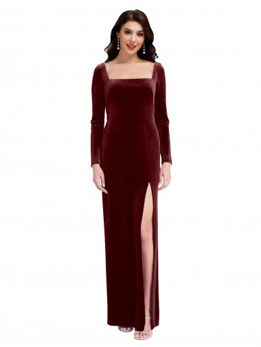 Best Sleek Square Neck Spaghetti Straps Velvet Bridesmaid Dress / Prom Dress with Side Slit Sydney