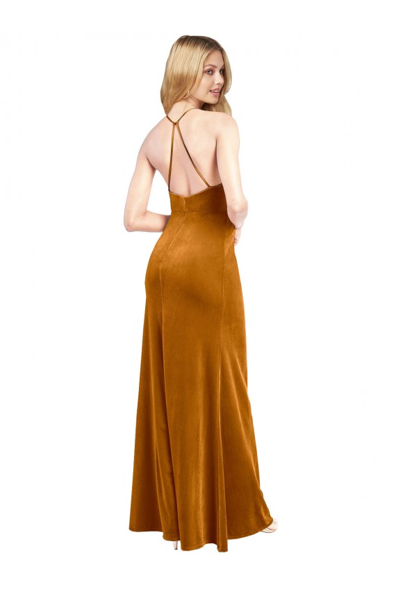 Best Halter Neckline Long Full Length Formal Velvet Bridesmaid Dress / Prom Dress with Strappy Back Sydney