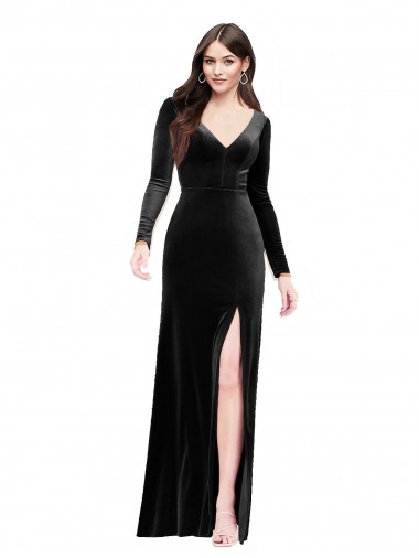 Best Long Sleeves Formal Velvet Bridesmaid Dress / Prom Dress with V-Neckline and Thigh Slit Sydney