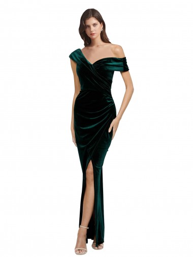 Best Long Asymmetric Neckline Ruched Formal Velvet Bridesmaid Dress / Prom Dress Sydney